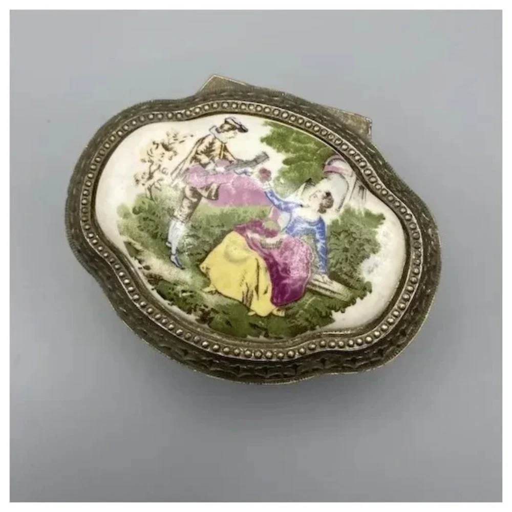 Vintage Ornate Trinket Box or Casket Courting Couple Ceramic Top Japan